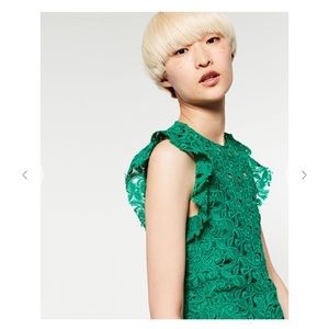 Zara Dresses - Zara Green Lace Dress With Raw Shoulder Frills Zara Dresses - Zara Green Lace Dress With Raw Shoulder Frills